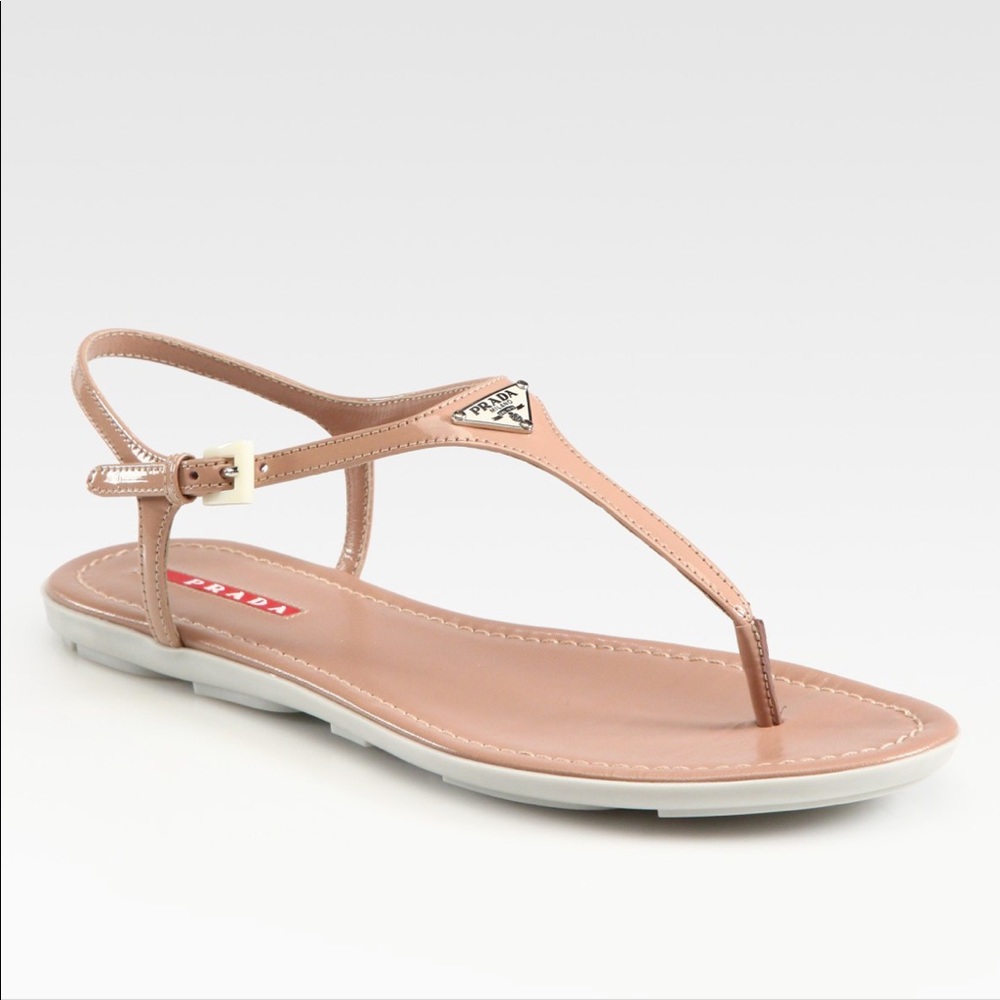 Authentic Prada Tan Patent Leather Flat Sandals